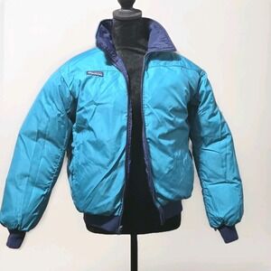 Vintage Columbia 90s Reversible Puffer Jacket Duck Down Women's Sz L Teal Navy‎